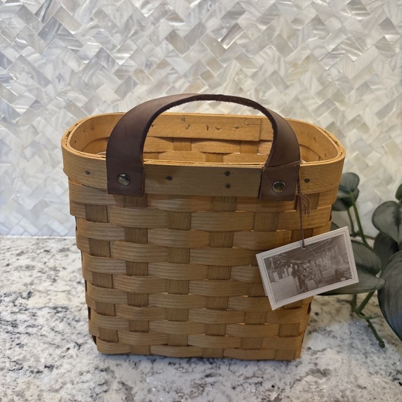 Peterboro‎ Basket  Co. Wooden Woven Wall Pocket Basket Leather Single Handle - Picture 14 of 16